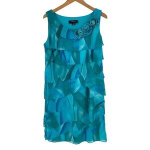 RM Richards Shift Dress Size 12 Tiered Layered Blue Floral Sleeveless